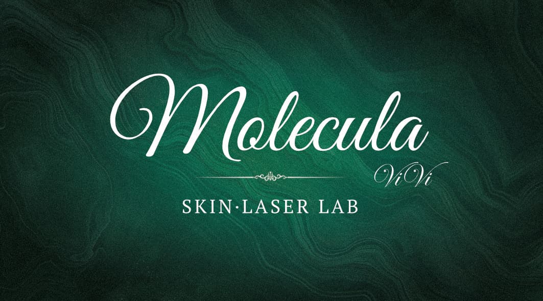 Molecula ViVi Skin·Laser Lab business card, front — cursive gold-white logotype on a dark emerald marbled background